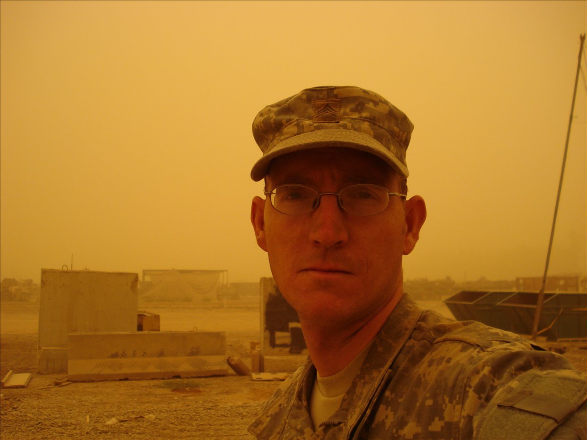 Christopher Chaos during a dusty deployment day in Iraq